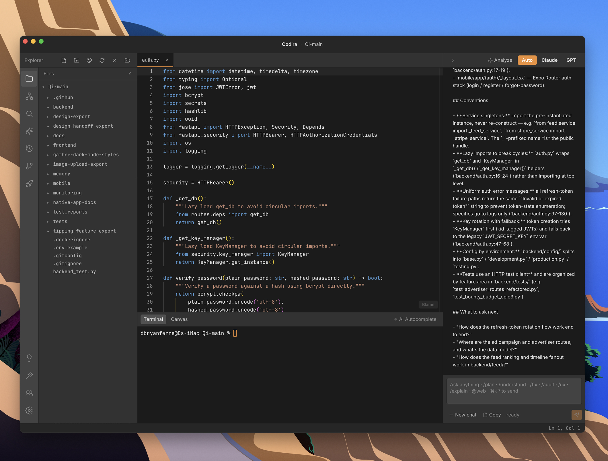 The Codira IDE — code editor, agent chat panel, and integrated terminal in one window
